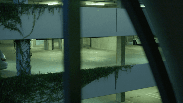 A creepy parking garage at night