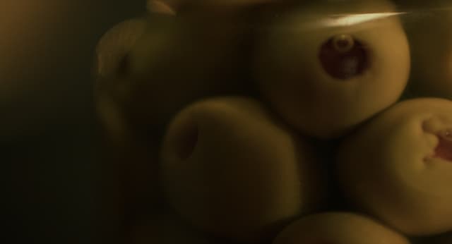 Extreme close-up shot of a jar of olives