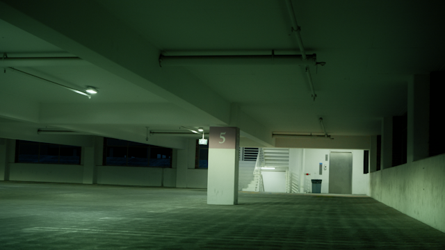 A creepy parking garage at night